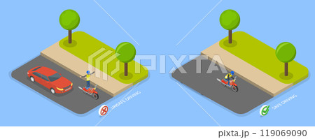 3D Isometric Flat Vector Illustration of Safe And Unsafe Motorcycle Riding, Guidelines To Follow And Mistakes To Avoid 119069090