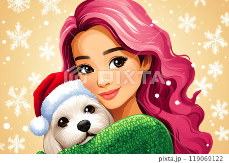 A cheerful girl with pink hair embraces a small dog wearing a Santa hat during a snowy holiday season 119069122
