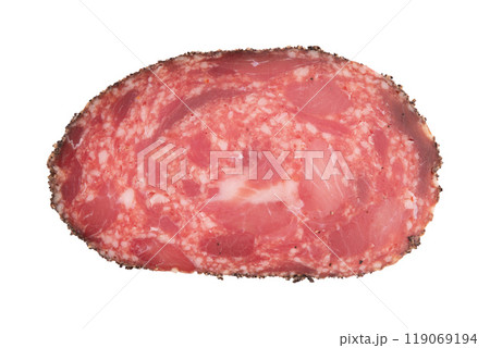 slice of spanish salchichon sausage isolated slice of spanish salchichon sausage isolated 119069194