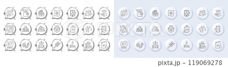 Square area, Inventory and Cogwheel line icons. White pin 3d buttons, chat bubbles icons. Pack of Entrance, Diesel canister, Architectural plan icon. Vector 119069278