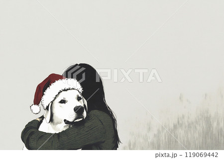 A woman embraces her dog wearing a Santa hat in a cozy indoor setting during the holiday season 119069442