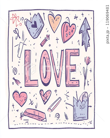 Creative illustration featuring the word love surrounded by hearts, arrows, and playful doodles in a colorful, whimsical style 119069481