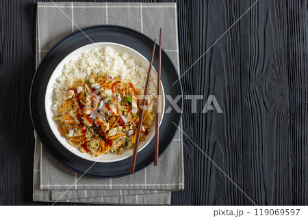 tofu egg roll in a bowl with jasmine rice tofu egg roll in a bowl with jasmine rice 119069597