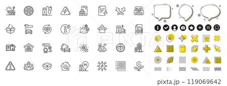 Set of Inspect, Intersection arrows and Building energy line icons for web app. Design elements, Social media icons. Skyscraper buildings, Lightning bolt, Power info icons. Vector 119069642