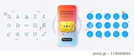 Phone mockup with 3d chat icon. Express delivery, Noise and Charging station line icons. Pack of Sausage, Vacancy, Car insurance icon. Home insurance, Discounts app, Lips pictogram. Vector 119069664