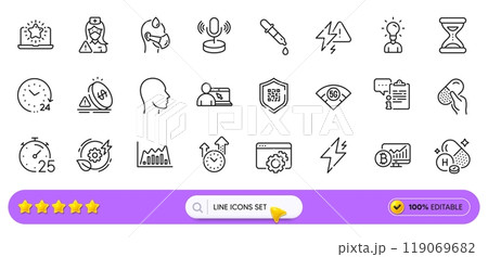 Seo gear, Timer and Chemistry pipette line icons for web app. Pack of Qr code, Education, 24 hours pictogram icons. Capsule pill, Clipboard, Vitamin h signs. Sick man, Bitcoin chart, Head. Vector 119069682