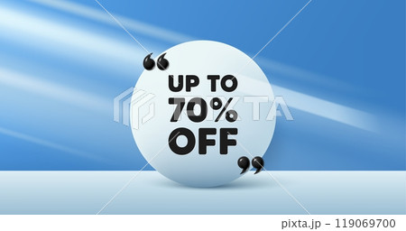 Up to 70 percent off sale. Circle frame, product stage background. Discount offer price sign. Special offer symbol. Save 70 percentages. Discount tag round frame message. Vector 119069700