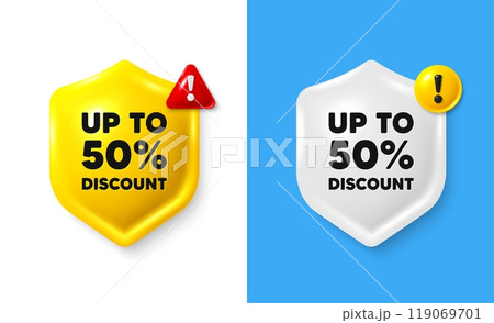 Up to 50 percent discount. Shield 3d banner with text box. Sale offer price sign. Special offer symbol. Save 50 percentages. Discount tag chat protect message. Shield speech bubble banner. Vector 119069701