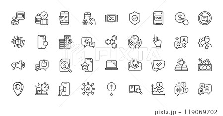 Support chat, Brand and Location app line icons pack. AI, Question and Answer, Map pin icons. Security shield, Artificial intelligence, Voicemail web icon. Vector 119069702