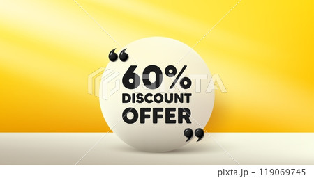 60 percent discount tag. Circle frame, product stage background. Sale offer price sign. Special offer symbol. Discount round frame message. Minimal design offer scene. 3d comma quotation. Vector 60 percent discount tag. Circle frame, product stage background. Sale offer price sign. Special offer symbol. Discount round frame message. Minimal design offer scene. 3d comma quotation. Vector 119069745