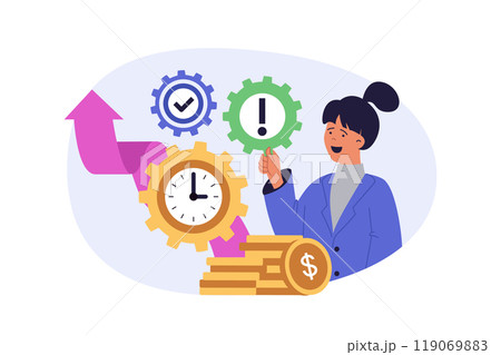 Time management concept in modern flat design for web. Woman planning job and organizing productivity workflow, brainstorming, doing priority tasks to deadline, increase earning. Vector illustration. Time management concept in modern flat design for web. Woman planning job and organizing productivity workflow, brainstorming, doing priority tasks to deadline, increase earning. Vector illustration. 119069883