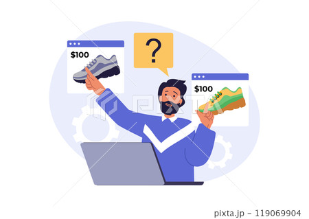 Shopping concept in modern flat design for web. Man choosing new sneakers at internet store using laptop, making bargain purchases with special prices and paying order online. Vector illustration. 119069904