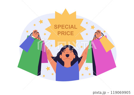 Shopping concept in modern flat design for web. Happy woman with bags making bargain purchases with special prices at clearance, buying new products with discount at showroom. Vector illustration. Shopping concept in modern flat design for web. Happy woman with bags making bargain purchases with special prices at clearance, buying new products with discount at showroom. Vector illustration. 119069905