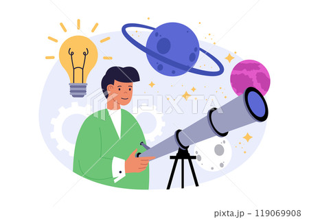 Science laboratory concept in modern flat design for web. Man looking at telescope, learning sky with stars, cosmos bodies and galaxy planets, studying astronomy in observatory. Vector illustration. 119069908