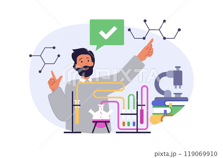Science laboratory concept in modern flat design for web. Man doing chemical research at test tubes, studying moleculas and refinery process at lab equipment and microscope. Vector illustration. Science laboratory concept in modern flat design for web. Man doing chemical research at test tubes, studying moleculas and refinery process at lab equipment and microscope. Vector illustration. 119069910