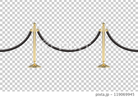 Barriers with black rope, seamless line. Realistic golden stanchion poles 119069945