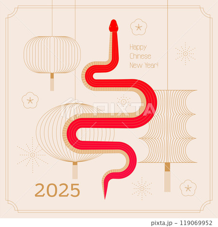 Chinese New Year 2025, red and gold line art snake character, simple geometric Asian elements. Minimal vector design. Chinese New Year 2025, red and gold line art snake character, simple geometric Asian elements. Minimal vector design. 119069952