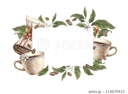 Coffee tree branch with berries and roasted coffee. Watercolor frame on isolated background with a mug of aromatic coffee and filter. Suitable for banners, packaging, shops and cafes, menus, postcards Coffee tree branch with berries and roasted coffee. Watercolor frame on isolated background with a mug of aromatic coffee and filter. Suitable for banners, packaging, shops and cafes, menus, postcards 119070415