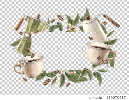 Geyser coffee maker, teapot, mug of aromatic fresh coffee. Watercolor frame on isolated background with coffee tree branches and coffee beans. For banners, packaging, shops and cafes, menus, postcards 119070417