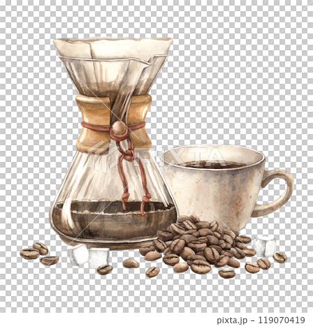 Coffee maker for brewing coffee with a paper filter, processed roasted beans, sugar and a mug of strong aromatic coffee. Watercolor illustration for the design of shops, cafes, banners, postcards Coffee maker for brewing coffee with a paper filter, processed roasted beans, sugar and a mug of strong aromatic coffee. Watercolor illustration for the design of shops, cafes, banners, postcards 119070419