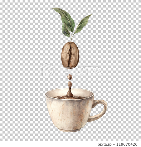 Roasted brown coffee bean sprouted with green coffee leaves. Watercolor hand-drawn illustration on isolated background. Suitable for design of corporate identity of shops, cafes, banners, postcards 119070420