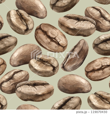 Roasted aromatic brown coffee beans. Watercolor seamless endless pattern hand drawn on green background. Drawing for shop and cafe design, coffee product packaging, banner and postcards, textiles 119070430