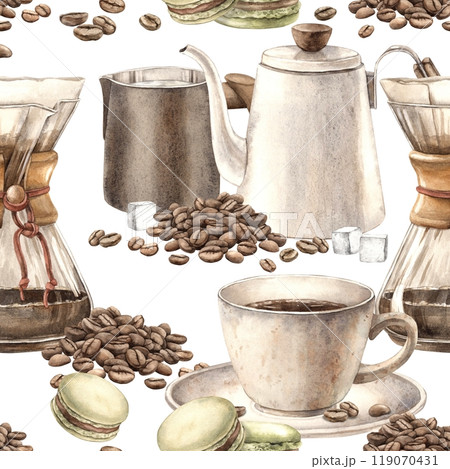Ceramic cup with aromatic coffee, pistachio macaroons and roasted beans. Watercolor seamless pattern on coffee theme with filter, milk jug and teapot. For decorating shops, cafes, banner, postcard 119070431