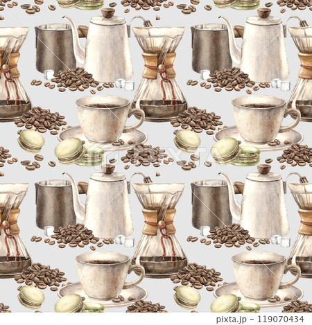 Ceramic cup with aromatic coffee, pistachio macaroons and roasted beans, filter, milk jug and teapot. Watercolor seamless pattern on gray background. For decorating shops, cafes, banner, postcard. Ceramic cup with aromatic coffee, pistachio macaroons and roasted beans, filter, milk jug and teapot. Watercolor seamless pattern on gray background. For decorating shops, cafes, banner, postcard. 119070434