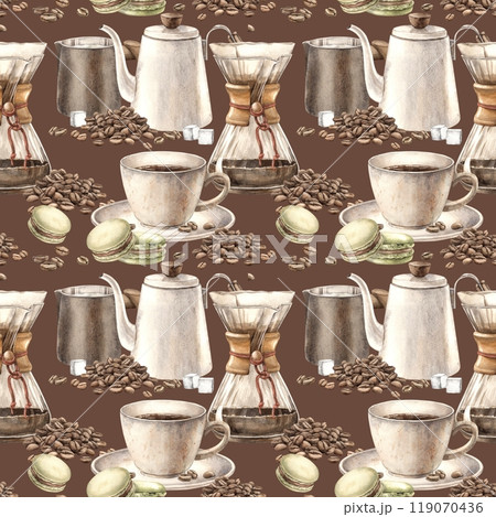 Ceramic cup with aromatic coffee, pistachio macaroons and roasted beans, filter, milk jug and teapot. Watercolor seamless pattern on brown background. For decorating shops, cafes, banner, postcard. 119070436