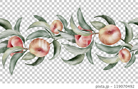 Seamless fruit border Watercolor Apricot with green leaves. Peach pattern of template with nectarine for wedding cards or harvest festival. Hand drawn Banner summer food background for postcards. Seamless fruit border Watercolor Apricot with green leaves. Peach pattern of template with nectarine for wedding cards or harvest festival. Hand drawn Banner summer food background for postcards. 119070492