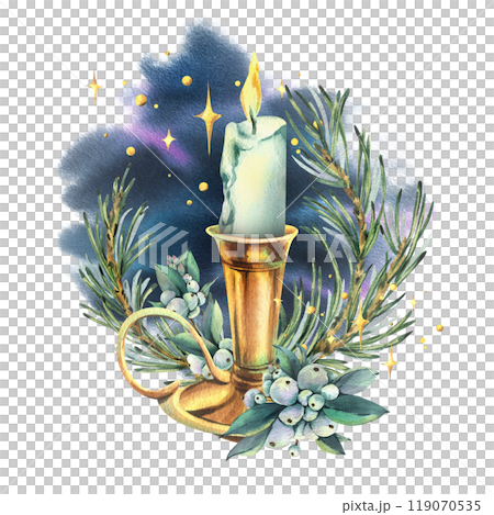 Burning white candle in a gold candlestick with spruce branches, snowberry with a night background. Watercolor illustration New Year Christmas hand-drawn. Sublimation isolated from the background. 119070535