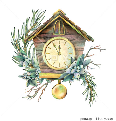 Wooden antique clock with pendulum and dial in the form of a house with fir branches, snowberry. Watercolor illustration New Year Christmas hand-drawn. Sublimation isolated from the background. 119070536