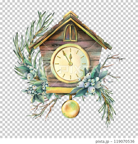Wooden antique clock with pendulum and dial in the form of a house with fir branches, snowberry. Watercolor illustration New Year Christmas hand-drawn. Sublimation isolated from the background. 119070536