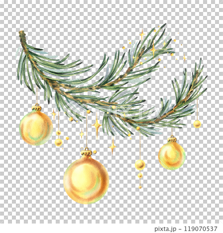 Branches of fir, spruce, cedar green with hanging golden New Year balls and beads. Watercolor illustration New Year Christmas hand drawn. Sublimation isolated from background. 119070537