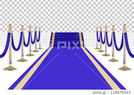 Blue carpet on stairs with red ropes on golden stanchions 119070543