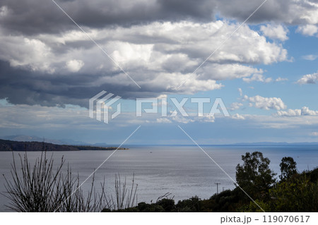 Vegetation and view on the Ionic sea, Corfu, Greece 119070617