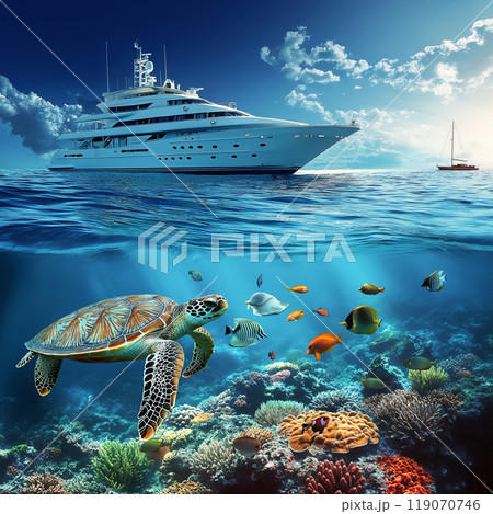 Tropical beach, yacht and coral reef underwater 119070746
