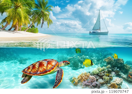 Tropical beach and coral reef fish underwater 119070747