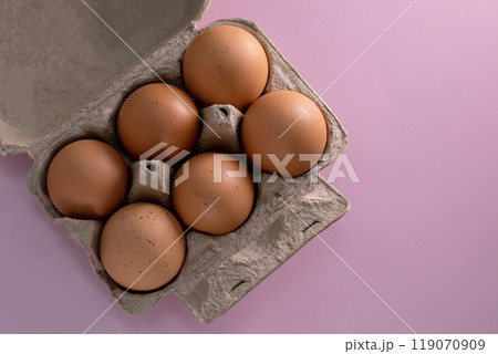 Half dozen organic brown eggs in carton counter 119070909