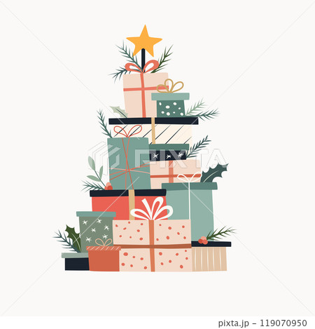 Stack of wrapped Christmas presents arranged like a tree, decorated with leaves and star on top 119070950