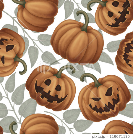 Halloween Seamless pattern with Jack o Lantern in cartoon style. Hand drawn endless dark holiday background design. Dark mystical texture surface for autumn textile and spooky season crafts. 119071150
