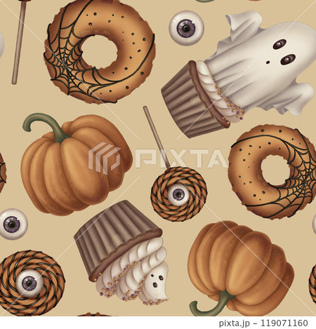 Seamless pattern with Halloween candy sweets and ghost in cartoon style. Hand drawn endless holiday background design. Dark mystical texture surface for autumn textile and spooky season crafts. Seamless pattern with Halloween candy sweets and ghost in cartoon style. Hand drawn endless holiday background design. Dark mystical texture surface for autumn textile and spooky season crafts. 119071160