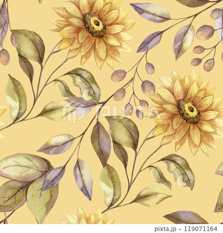 Fall sunflower seamless pattern with leaves and berries on the yellow bright background. Hand drawn watercolor autumn floral illustration in green and orange colors for fabric and paper designs. 119071164