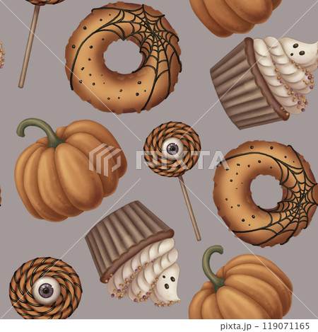 Seamless pattern with Halloween candy sweets and ghost in cartoon style. Hand drawn endless holiday background design. Dark mystical texture surface for autumn textile and spooky season crafts. 119071165