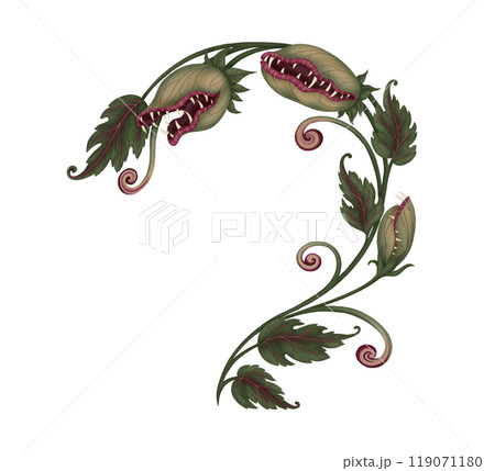 Carnivorous plant curved green monster in cartoon style. Hand drawn Halloween Venus flytrap character with toothy grin. Perfect for autumn label and spooky season card designs. 119071180