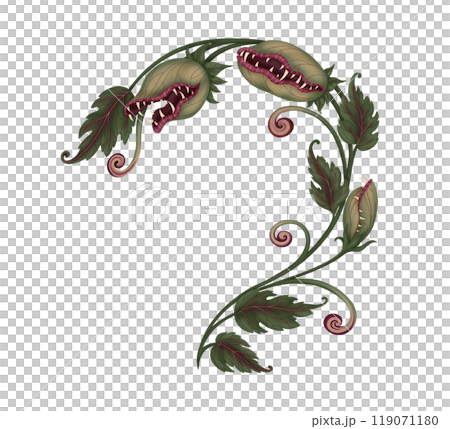 Carnivorous plant curved green monster in cartoon style. Hand drawn Halloween Venus flytrap character with toothy grin. Perfect for autumn label and spooky season card designs. 119071180