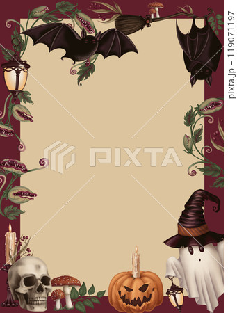 Halloween background vertical frame with creepy cute characters in cartoon style. Hand drawn blank with copy space. Beige and purple template for autumn graphic and spooky season card designs. 119071197