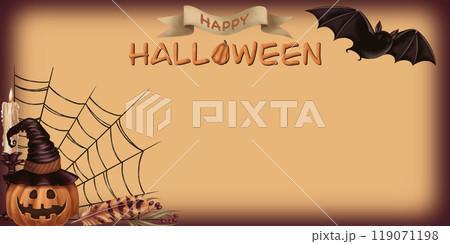 Banner horizontal Halloween background with cute characters in cartoon style. Hand drawn empty blank with copy space. Dark mystical template for autumn graphic and spooky season card designs. Banner horizontal Halloween background with cute characters in cartoon style. Hand drawn empty blank with copy space. Dark mystical template for autumn graphic and spooky season card designs. 119071198