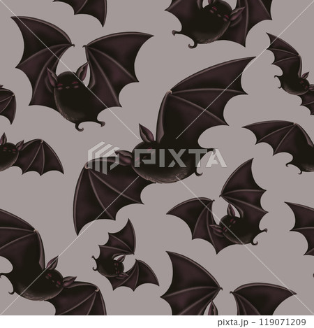 Halloween Seamless pattern with flying black bat in cartoon style. Hand drawn endless dark holiday background design. Dark mystical texture surface for autumn graphic and spooky season cards. Halloween Seamless pattern with flying black bat in cartoon style. Hand drawn endless dark holiday background design. Dark mystical texture surface for autumn graphic and spooky season cards. 119071209