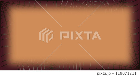 Banner horizontal Halloween background with spider web in cartoon style. Hand drawn empty blank with copy space. Dark mystical template for autumn graphic and spooky season card designs. 119071211